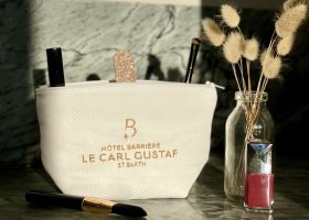 Embroidered waffle cosmetic bag