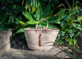 Personalised leather handle baskets for the beach