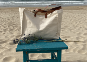 Beach canvas bag with leather handles
