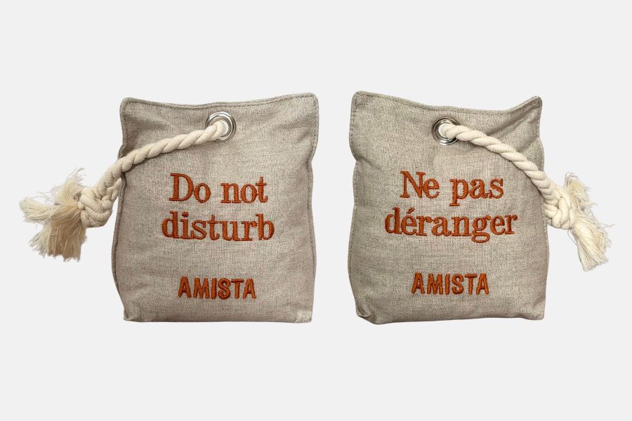 Embroidered do not disturb sign in linen